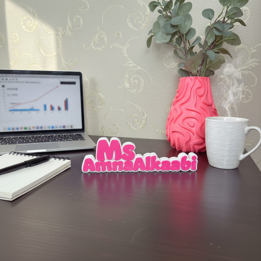 Name sign lifestyle shot on a styled desk showing scale and real-world use