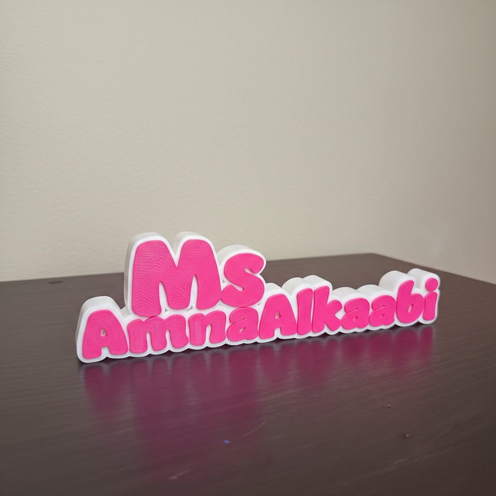 Name sign side angle view showing 3D print depth and texture